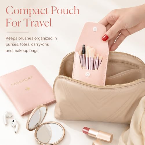 12-Piece Travel Makeup Brush Set with Ivory Beige Pouches - Ideal Bridesmaid Gifts
