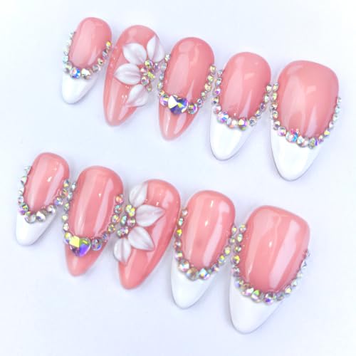 GLOVZBEYI XiaoZ S Handcrafted Almond-Shaped Press-On Nails for Summer, 10PCS Pink Floral Short Fake Nails