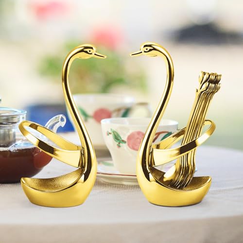 Gold Stainless Steel Swan Dinnerware Set with 12 Leaf Spoons