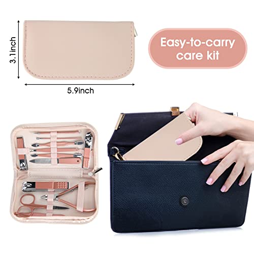 Nail Clippers & Beauty Tool Portable Set, Rose Gold Manicure Set, 12 in 1. | Martensitic Stainless Steel, Pink Leather Bag, Suitable for Home, Workplace, Outdoor Travel, Gift Giving, Salon.