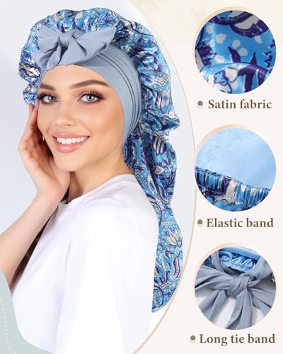 Awaytr Reversible Satin Hair Bonnet for Braids Sleeping Women Blue Ethnic Floral