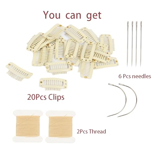 20 Beige Hair Extension Clips with Needle & Thread Set - Durable 9-Teeth Stainless Steel Snap Clips