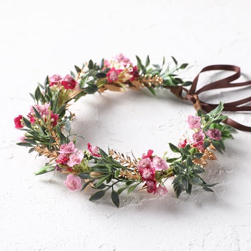 Red Flower Crown Headband with Golden Green Leaves & Pink Flowers