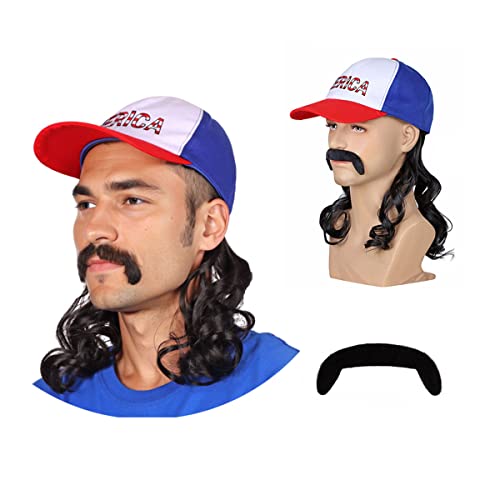 Red White Blue Mullet Wig with Mustache Hat for Men - 4th of July