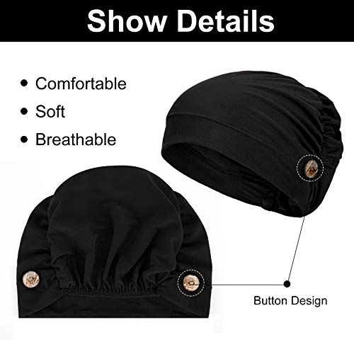 Geyoga 3 Pcs Black Bouffant Caps with Buttons - One Size