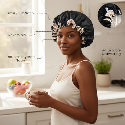 Reversible Silk Satin Hair Bonnet for Sleeping - Black/Champagne