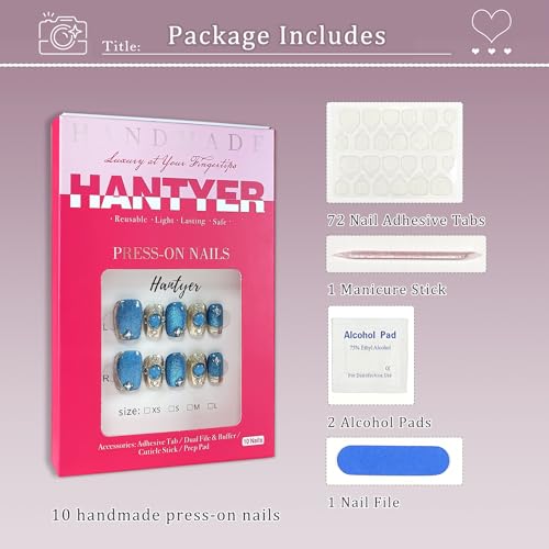 Hantyer Baroque Blue Cat Eye Press On Nails - Luxury Gold Coffin Set