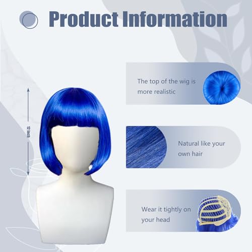 MIUSKATL 12 Inch Blue Short Bob Wig with Bangs – Elastic Fit Cosplay Hair