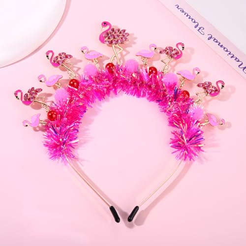 Flamingo Headband with Rhinestones, Tinsel & Pom-Poms for Parties