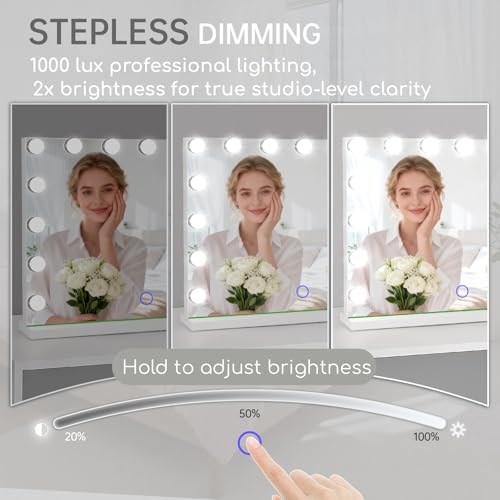 Hollywood Vanity Mirror with Lights, 23" x 18" Lighted Makeup Mirror with 15 Led Bulbs, 3 Color Lights, 10x Magnification, Desk/Wall Mounted, Bedroom College Dorm Room Essentials