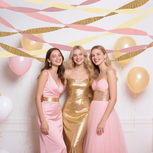 Pink Gold Crepe Paper Streamers - 8 Rolls for Parties & Events