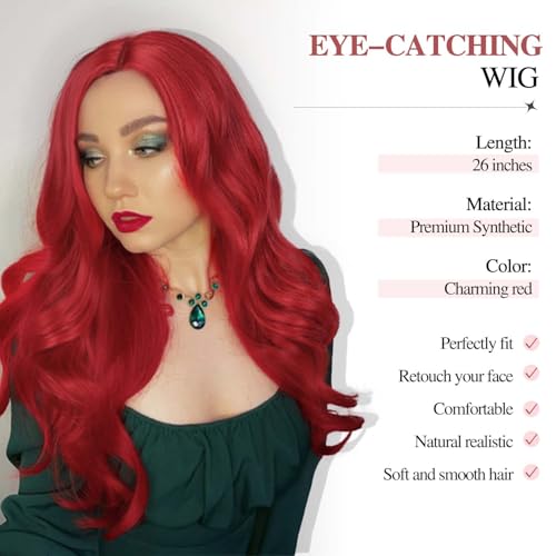 Bright Red Long Wavy Wig for Women - Heat Resistant Synthetic Hair