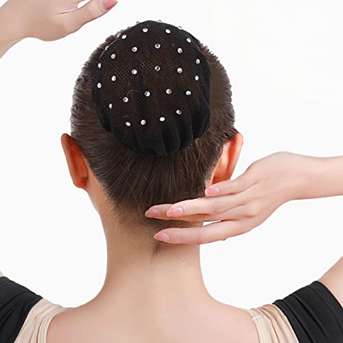 KALLORY Rhinestone Bun Cover Hair Net for Ballet Dance Women – 4-Pack
