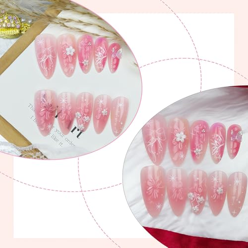 GJJBQTT Pink7 3D Flower Press-On Nails with Butterfly & Bow Design, Medium Almond Fake Nails, Reusable for Women