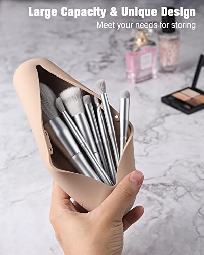 FERYES Large Travel Makeup Brush Holder Khaki - Magnetic Silicone Organizer for Face Brushes