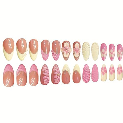 3D Handmade Medium Almond Press On Nails - Spring Floral Design