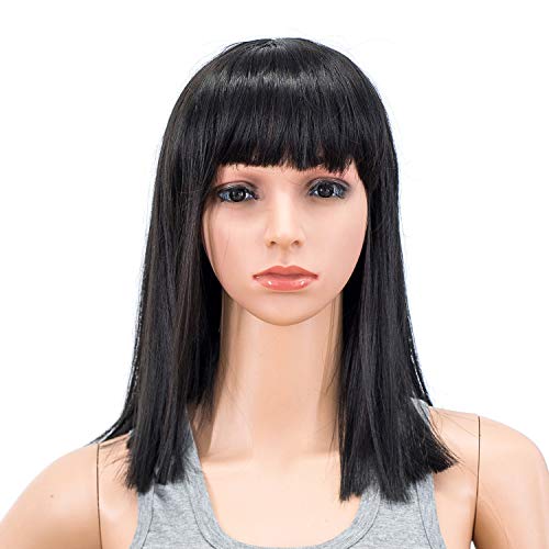 SWACC 14-Inch Short Straight Synthetic Wig with Blunt Bangs Off Black-1B for Women