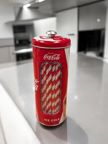Tin Straw Holder with 20 Paper Straws - Red & White, 8" Tall