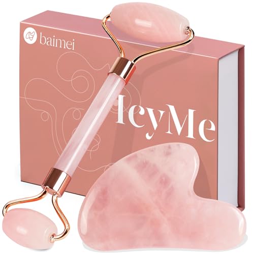BAIMEI Pink Rose Quartz Roller & Gua Sha Set for Facial Care