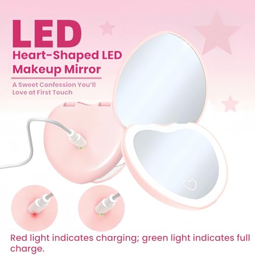 Pink LED Travel Makeup Mirror - 1X/2X Magnifying, Dimmable & USB Rechargeable