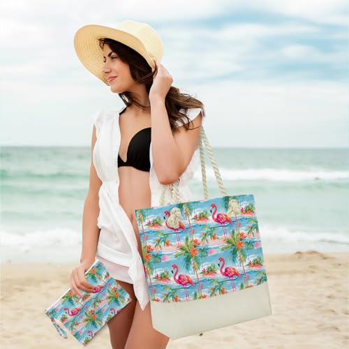 BELLOWDEER Flamingo Palm Tree Beach Bag for Women, Wet Cosmetic Travel Pouch Summer Gifts