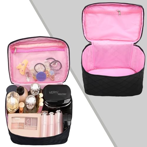 Large Waterproof Makeup Bag with Handle for Travel and Cosmetics - Black