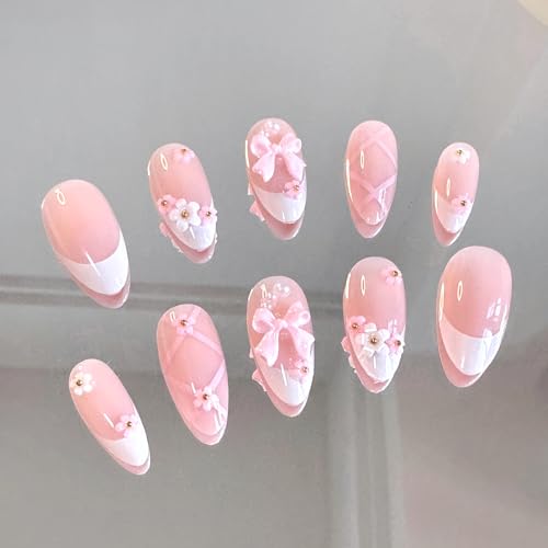 24 Pcs Pink Bow Press on Nails with Butterfly & Flower Designs