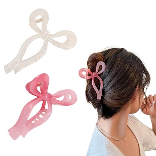 Ayesha Pink Bow Claw Hair Clips for Thick Hair & Girls - Ribbon Coquette Style