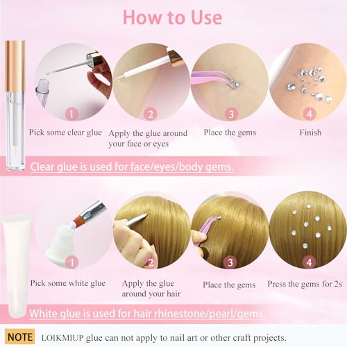 LOIKMIUP Silver Clear Rhinestones Face Gems with Makeup Glue - for Face & Hair Art, Festival & Party Looks, 2000pcs, Multiple Sizes