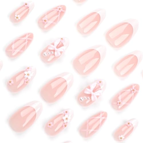 Foccna Almond Pink Rhinestone Fake Nails – Medium Bling 3D Flower Manicure 24 pcs - Variation 4