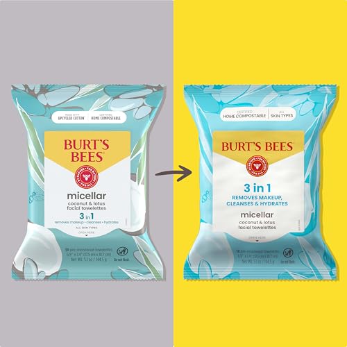 Burt's Bees Micellar Coconut & Lotus Facial Towelettes - 3-in-1 Cleansing Wipes for All Skin Types