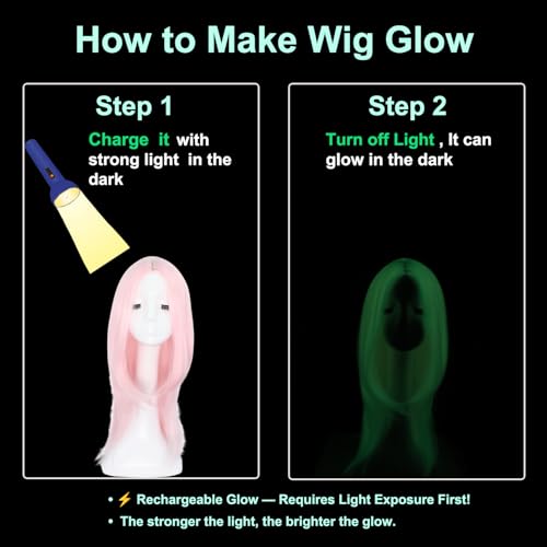 Orgwigs 24-Inch Pink Glow-in-the-Dark Synthetic Wig for Cosplay