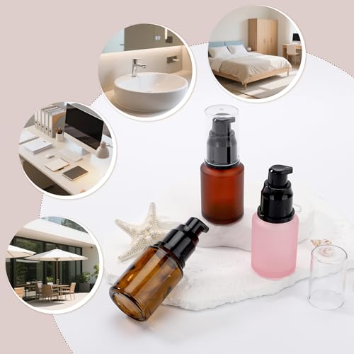 Segbeauty 3-Pack 1oz Frosted Glass Travel Lotion Bottles Amber Pink Red, Refillable 30ml Pump Dispenser
