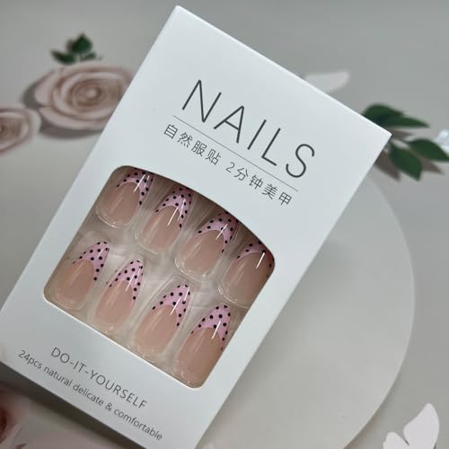 Nude Pink French Tip Polka Dot Press-On Nails - Medium Almond