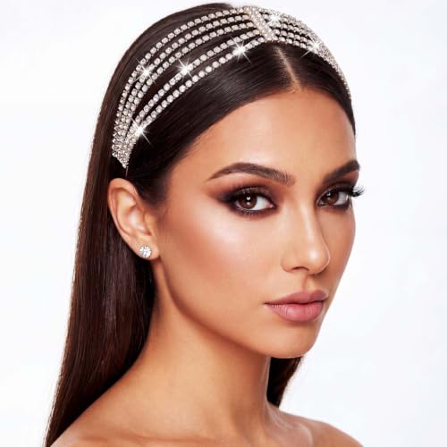 BARTOSI Silver Rhinestone Head Chain Bridal Headpiece A-Silver