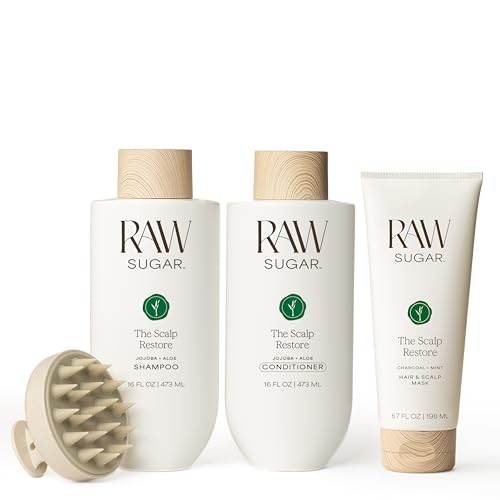 Raw Sugar Dry Scalp Treatment & Hair Care Bundle (4 Products) Intensive Ritual At Home Spa Kit, Shampoo, Conditioner, Hair Mask & Massager, Formulated without SLS/SLES & Parabens