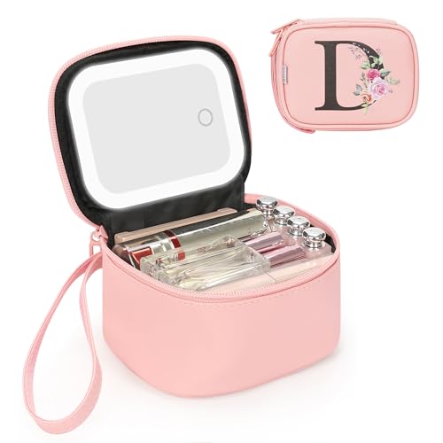 Relavel Pink Initial Makeup Bag with LED Mirror - Personalized & Portable