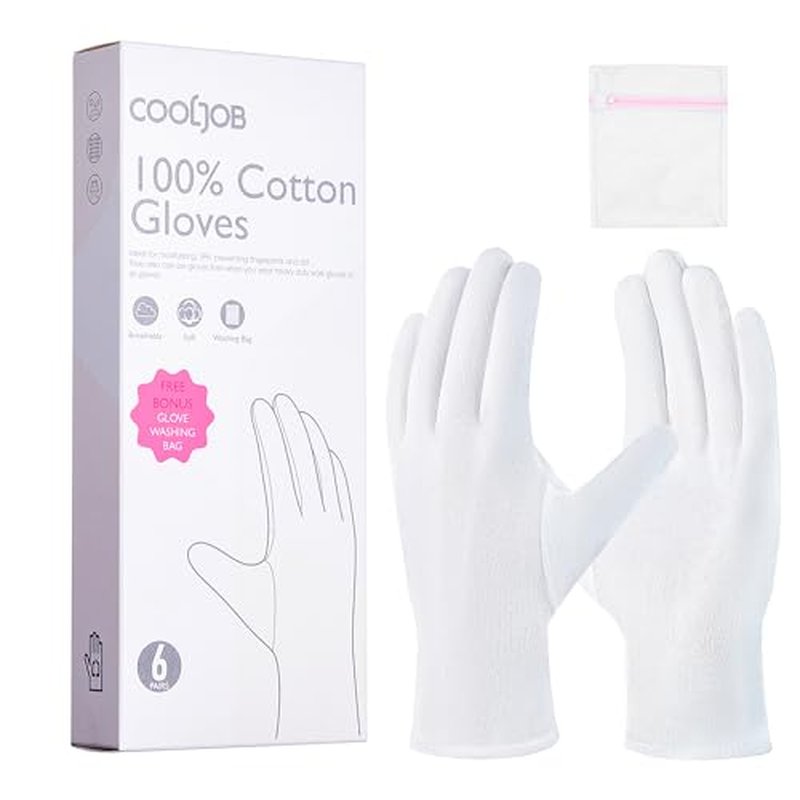COOLJOB 100% Cotton Gloves, 6 Pairs White Cotton Gloves for Dry Hands Moisturizing & Eczema, Overnight Lotion, Sleep & Spa Treatment for Women & Men, Breathable Work Glove Liners, Medium Size