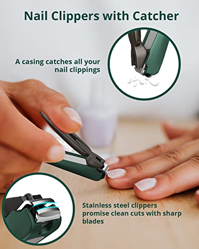VANWIN Heavy Duty Nail Clipper Set with Catcher - Black+Green