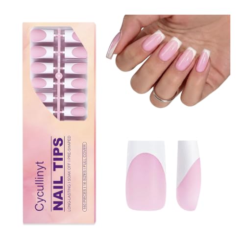 Cycullinyt Short Squaval French Tip Press On Nails 160 pcs Pink & White