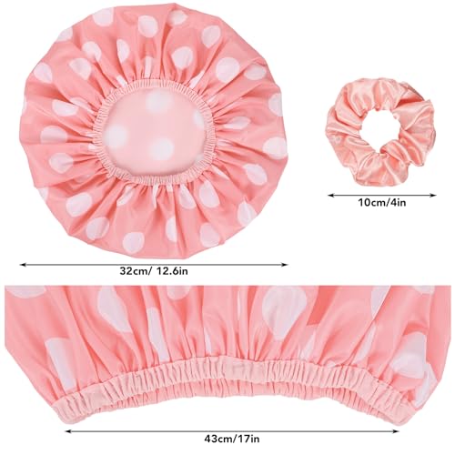 Large Waterproof Shower Cap Set for Women - 2 Packs with Hair Scrunchies