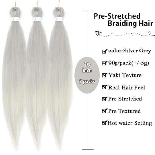 Betufllo Silver Grey Pre-Stretched Braiding Hair Extensions 30 Inch Pack of 3