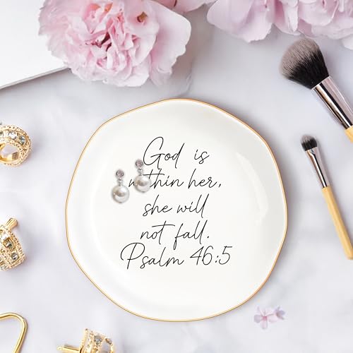 Inspirational Floral Ceramic Jewelry Dish with Bible Verse - 4.6"