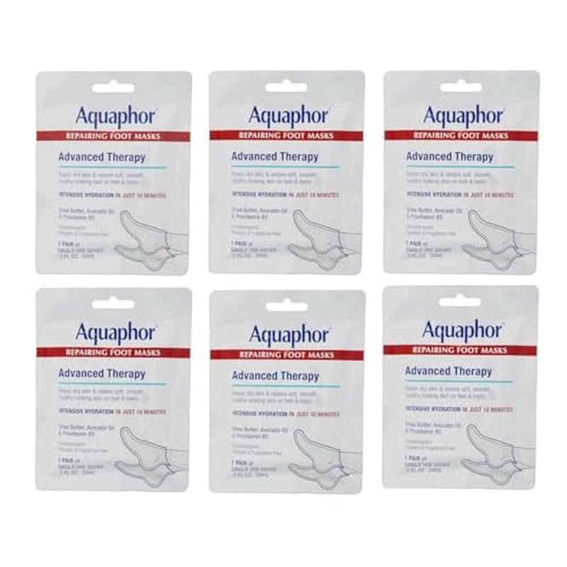 Aquaphor Repairing Foot Masks, Moisturizing Socks for Dry Feet, Hydrating Foot Care Treatment with Avocado Oil and Shea Butter, Pack of 6