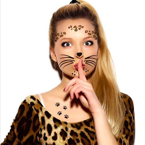 Kotbs Leopard Face Temporary Tattoos 7-Pack Waterproof Halloween Body Art