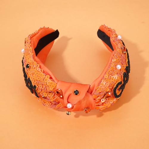 Orange Game Day Knotted Headband for Women with Pearl Rhinestones Sports Accessory