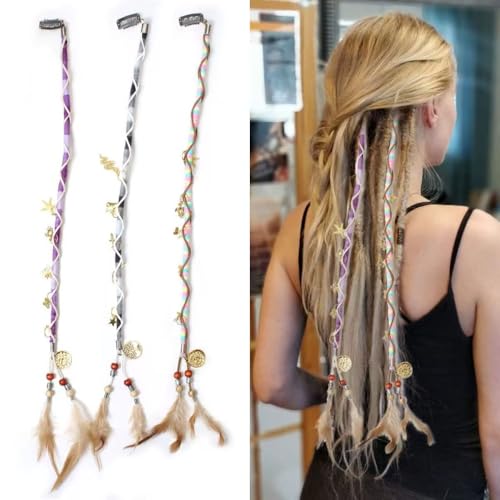 Zonvard 24-Inch Boho Feather Braid Hair Wraps - 3-Pack (Purple, Gray, Pink)