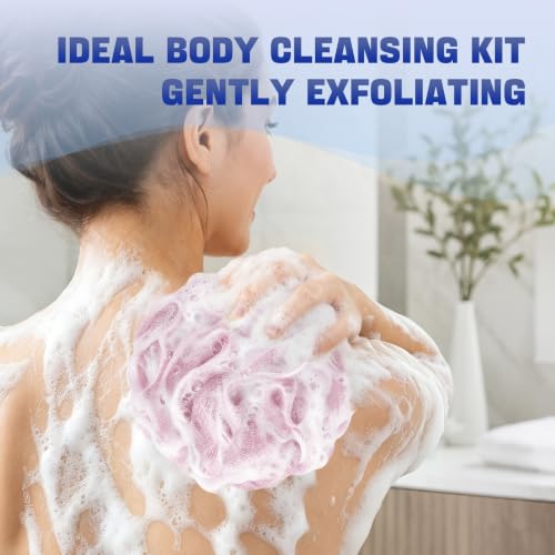 AmazerBath Large Exfoliating Loofah Set of 4 - White, Grey, Pink, Army Green