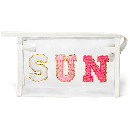 Clear SUN Makeup Bag, Preppy Chenille Letter Travel Cosmetic Pouch