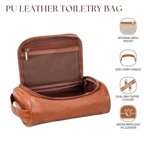 Cumbanho Compact Men's Toiletry Bag - Water-Resistant PU Leather Dopp Kit, Brown
